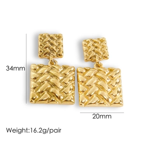 Detail showing 34mm gold woven texture square drop earrings with size and weight info