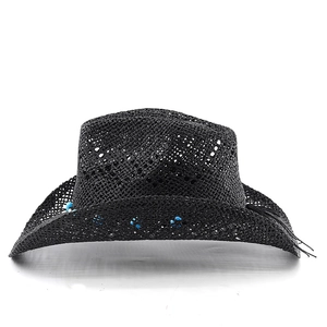 Detail of black straw cowboy hat featuring hollow weave, blue beads, and tassel accents