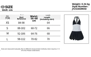 Size chart detail for polka dot halter dress showing measurements in cm for sizes XS to L