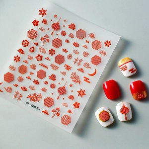 5D embossed Chinese wedding nail stickers with red lanterns and plum blossom patterns