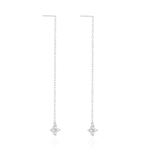 Macro detail of S925 sterling silver long chain earrings with zircon flower pendants
