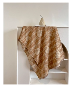 Detailed close-up of brown rose jacquard pattern on high-quality cashmere-like shawl