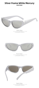 Three-view layout of Y2K silver sports sunglasses with metallic frames and mirrored lenses