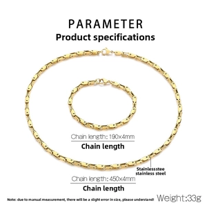 Detailed specs of stainless steel rectangle link necklace and bracelet set in gold