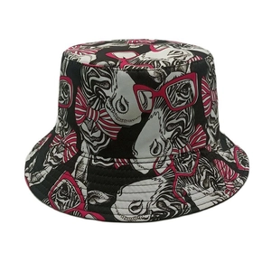 Close-up of zebra pattern bucket hat with vibrant pink glasses and bow-knot illustration