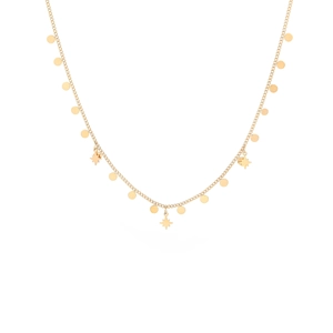 Detailed view of titanium steel layered necklace with gold stars and round charms