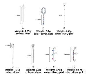 Detailed size and weight specifications for various S925 sterling silver tassel earrings