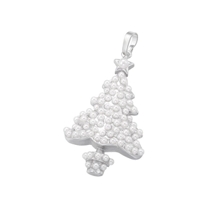 Macro detail of Christmas tree pendant with inlaid pearls and silver metal finish