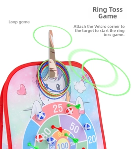 Close-up of unicorn target board with scoring zones and colorful plastic tossing rings