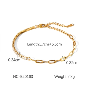 Detail of gold-plated stainless steel bracelet with tennis chain and paperclip links