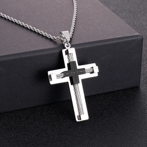 Polished silver stainless steel cross pendant necklace with rope detail on black gift box