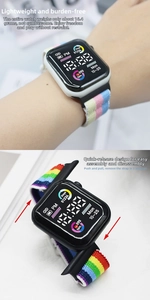 Close-up of lightweight colorful nylon strap digital watch with step and heart rate tracking