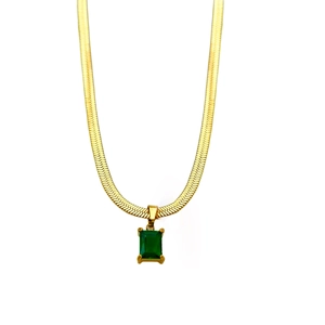 Minimalist gold snake chain necklace featuring a rectangular emerald green zircon pendant