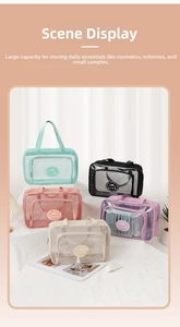 Detail of five-piece mesh toiletry bag set in various colors with LIFE logo and PVC panels