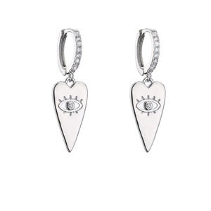 Detail of silver heart earrings with evil eye pattern and micro-pave cubic zirconia
