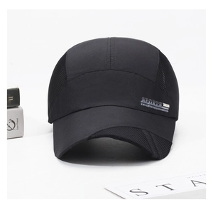 Detail of black breathable mesh panel and SPORTS text on a quick-dry baseball cap
