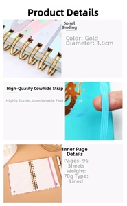 Detail of gold metal spiral coil and blue elastic strap on the lined notebook