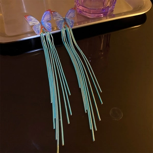 Elegant gradient blue butterfly earrings with long metal snake chain fringe tassels