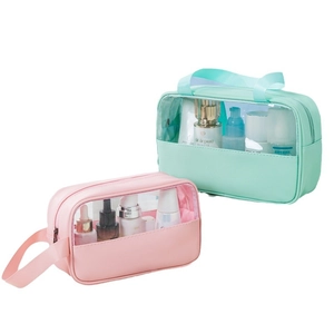 Large capacity portable PVC cosmetic travel bags in mint green and soft pink colors