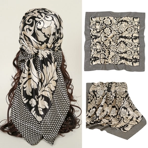 Classic black and white silk square scarf with damascus floral pattern and polka dot border