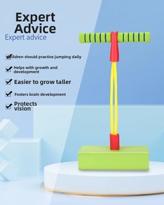 Child's green foam pogo jumper with red protective sleeves and yellow elastic cords