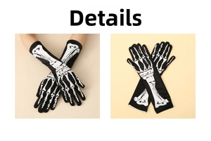 Close-up of Halloween skeleton gloves with white bone print on long black fabric