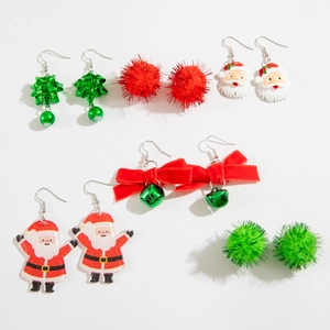 6-pair set of Christmas earrings featuring Santa, plush pom poms and festive bells