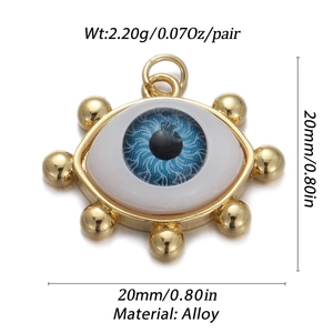 Macro detail of blue evil eye pendant with gold alloy frame showing 20mm size and 2.2g weight