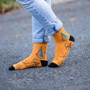 Detail of orange cotton socks featuring knit mathematical formulas and geometry graphics