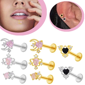 Bijoux de Piercing Lèvre Labret en Cuivre et Strass pour Femme Design Cœur Lune Couronne Papillon Bijoux d'Oreille