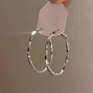 Detailed close-up of glossy silver hoop earrings displayed on a white product card