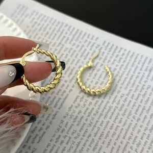French retro twisted 14K gold-plated hoop earrings with elegant spiral texture