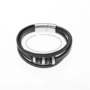 Detail shot of multi-layer black leather bracelet with silver magnetic clasp and 210mm length