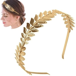 Detailed view of a golden laurel leaf headband with intricate vein textures and metallic shine