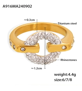 Detail view of 18k gold plated titanium ring showing size 0.3cm width and rhinestone measurements