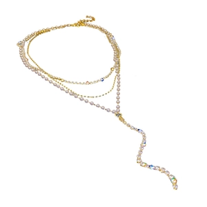Multilayer gold Y-shaped necklace with white pearls and sparkling colorful gemstones