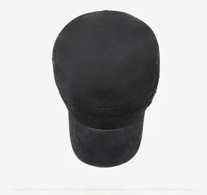 Top view of a black washed cotton cadet cap featuring vintage military style and metal detail