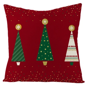 Festive red Christmas pillow cover with three decorative trees and snowflake patterns