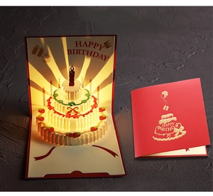 Detailed view of 3D birthday card featuring a glowing multi-layer cake and red cover