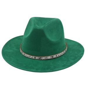 Detailed view of emerald green fedora hat featuring snakeskin band with crystal accents