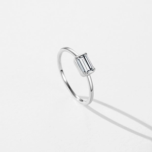 Minimalist S925 sterling silver ring with a rectangular solitaire gemstone on white background