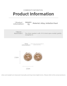 Detail showing 1.5cm round pearl stud earring with golden bow and alloy dimensions