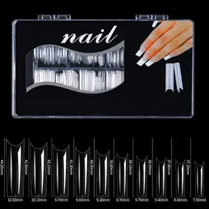 Size chart showing exact length and width measurements for extra long stiletto nail tips