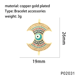Technical dimensions of gold-plated evil eye pendant with multi-colored cubic zirconia