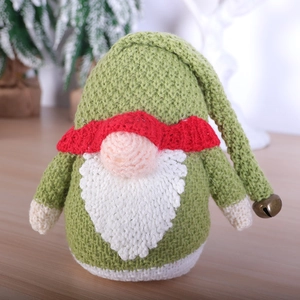 Handmade knitted Christmas gnome plush with green hat, white beard and bell decoration