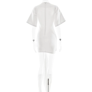 Detail view of white mini dress featuring a round neck and concealed back zipper closure