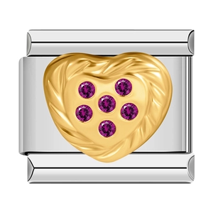 Italian charm link in silver stainless steel with gold heart and purple crystals