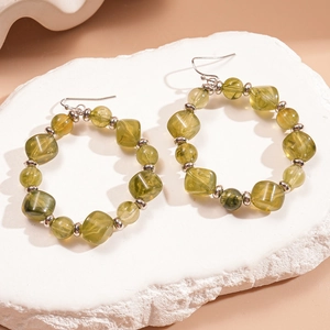 Olive green acrylic geometric beaded hoop earrings with silver hooks for women