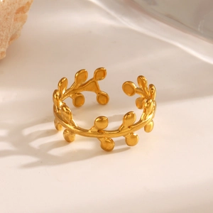 Minimalist gold olive leaf open ring made of polished stainless steel for women