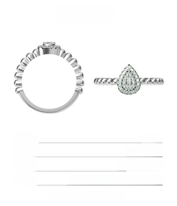 Macro detail of a 925 sterling silver ring with pear-cut moissanite and beaded band